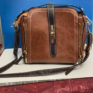 Brown and Black leather Two-Tone Crossbody Bag with Contrast Stitching